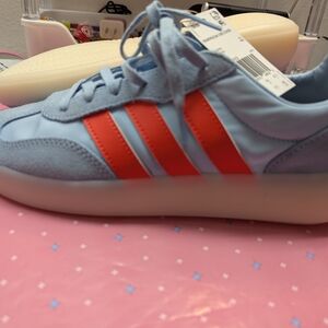 adidas Women's Sneakers Light Blue with Orange Stripes (red/coral)